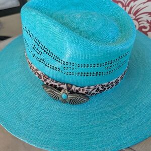 Chic Turquoise Hat with Leopard Accent